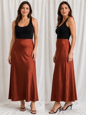 NWT French Connection Copper Satin Maxi Skirt Elegant Slip Skirt